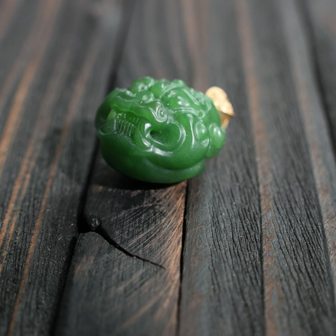Nephrite dark green Jade protection beast pendant
