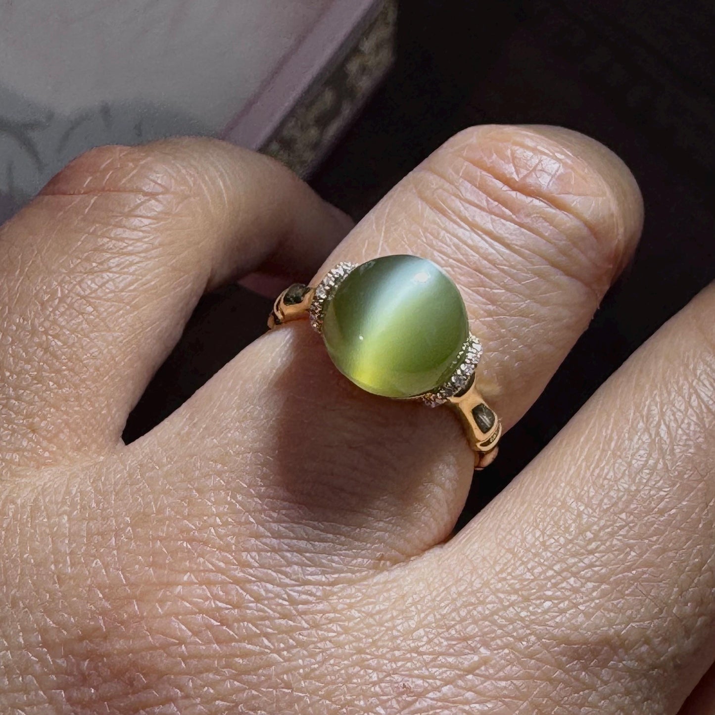 Certified Cat Eye Jade Ring: 18k Gold Bamboo Band, Diamond Accents, US Size 5.5