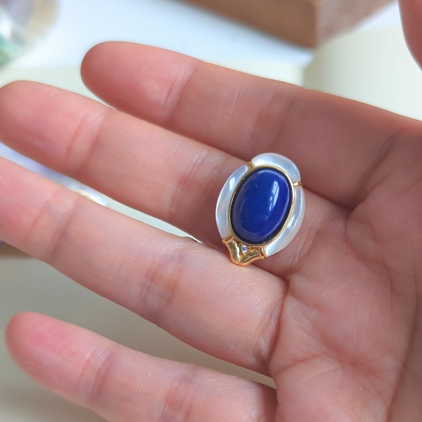 Mid Century Lapis & Mother of Pearl Earrings: S925 Silver