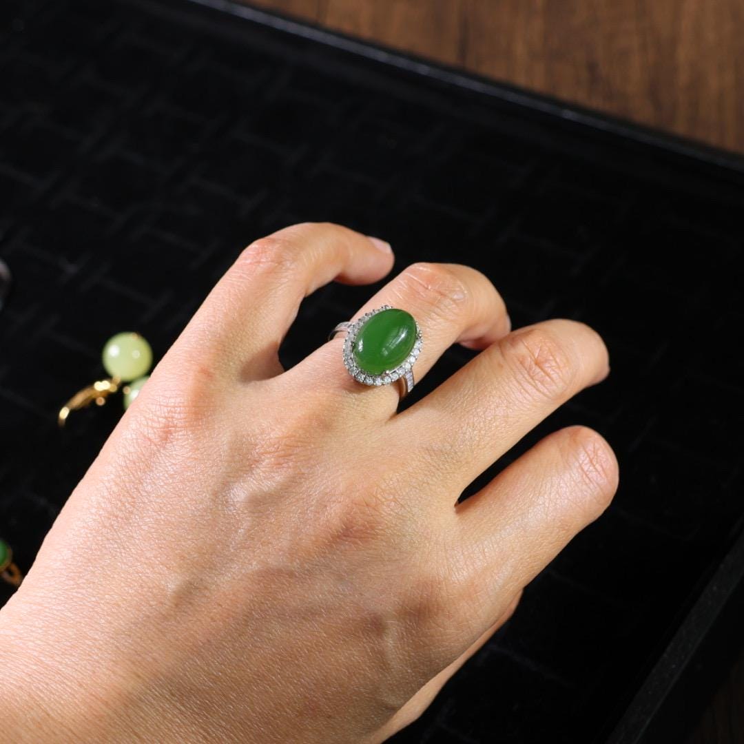 Lush green nephrite Jade Ring: s925 silver Band, adjustable size