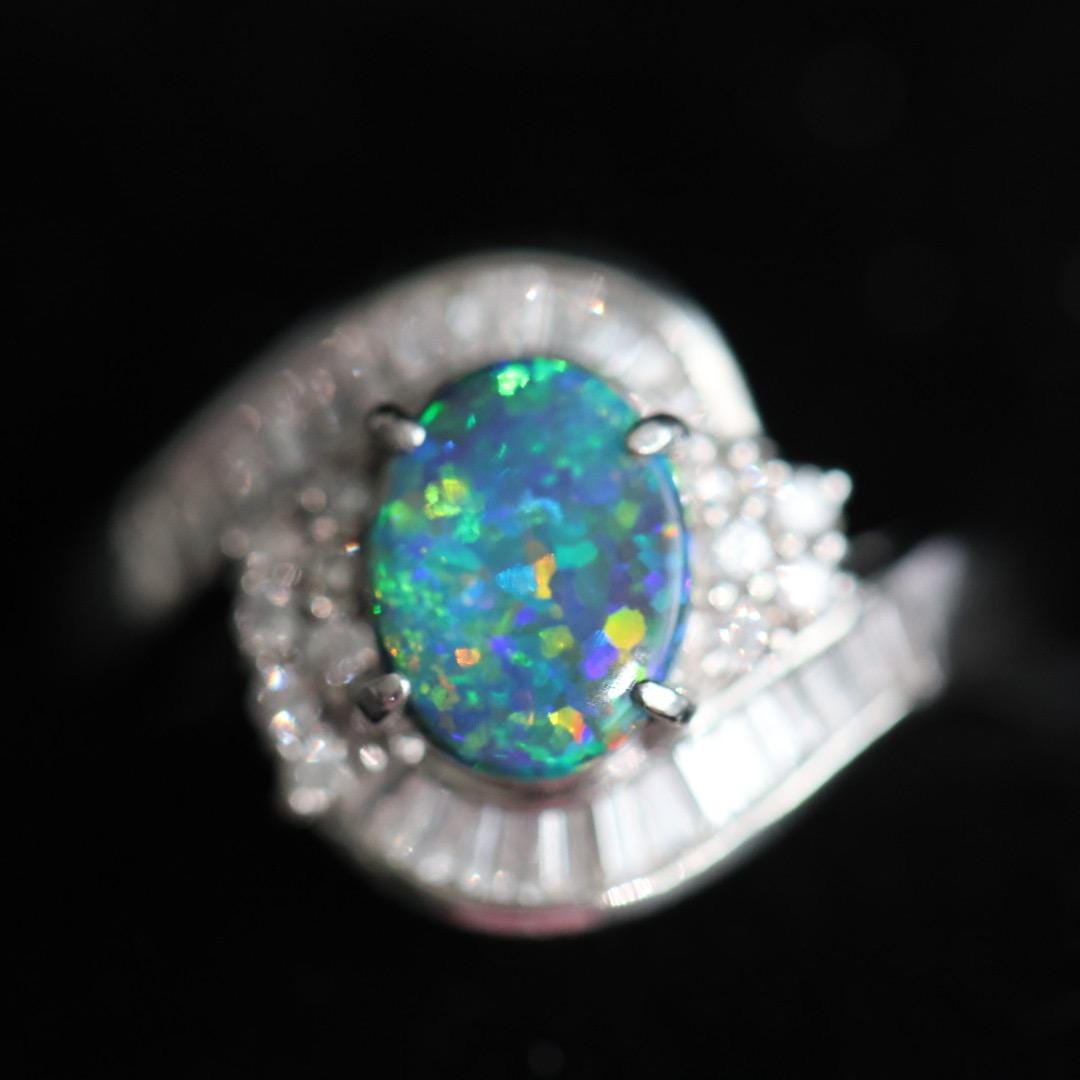 Vintage certified Australian black opal diamond ring US size 6.5