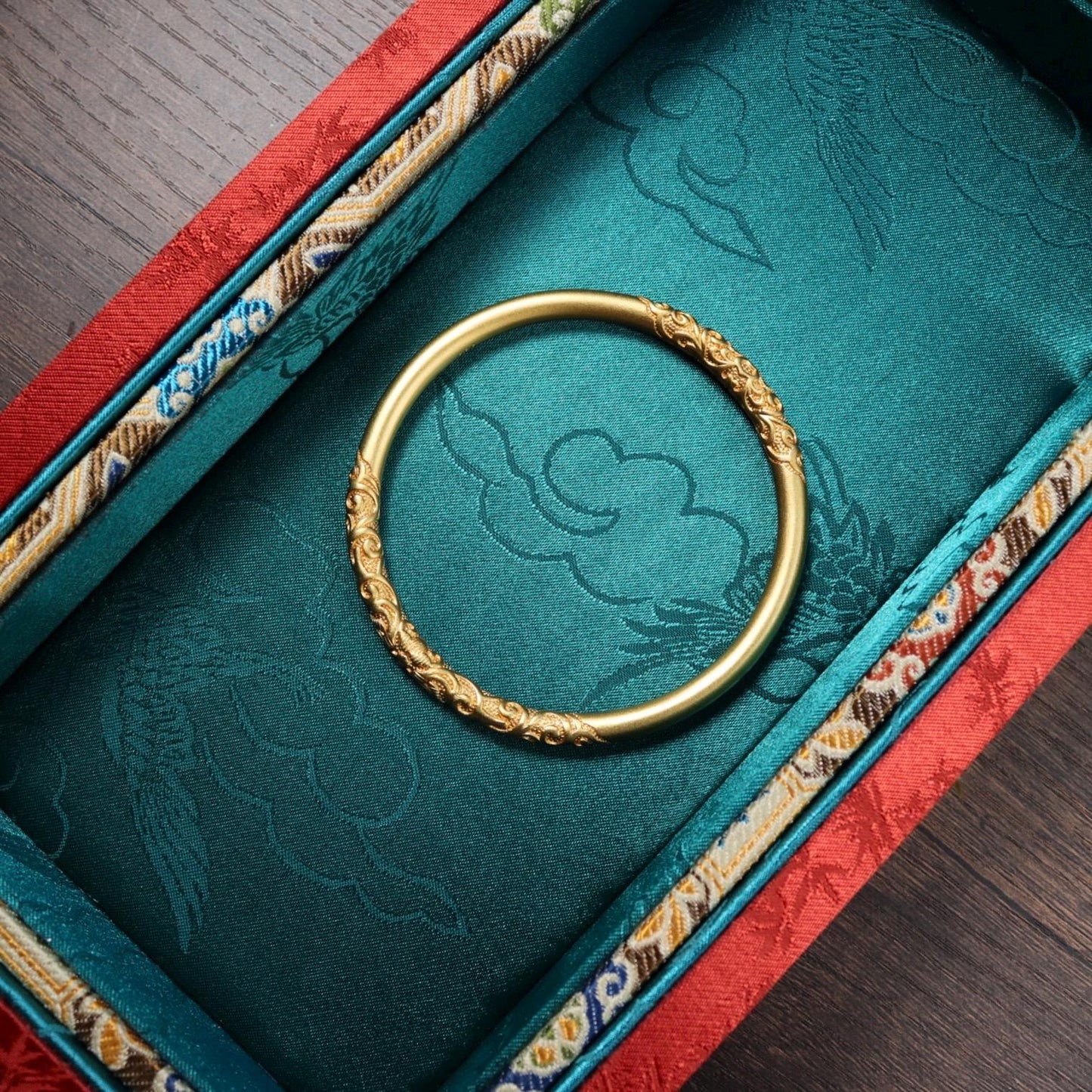 24k Gold Plated Bangle: Chinese Wedding Jewelry, Dragon & Phoenix