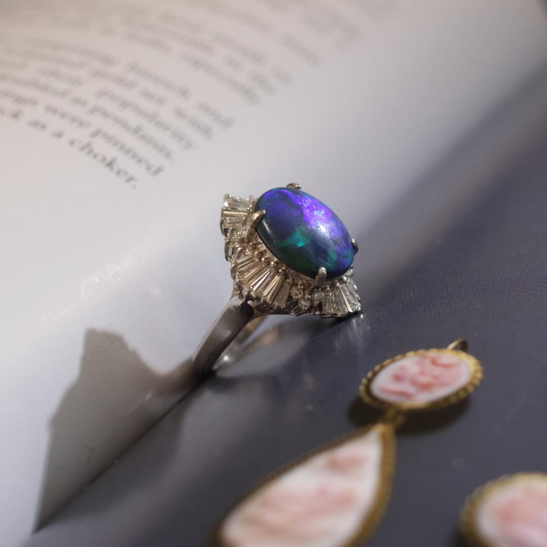 Vintage IGI certified Australian black opal diamond ring US size 6.5