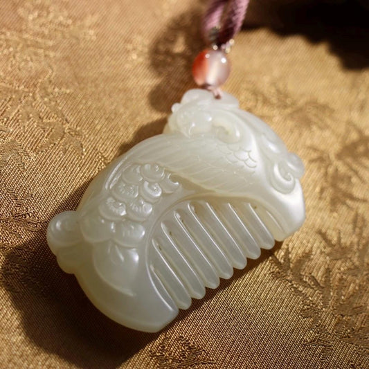 Phoenix and peony lotus pink nephrite comb pendant