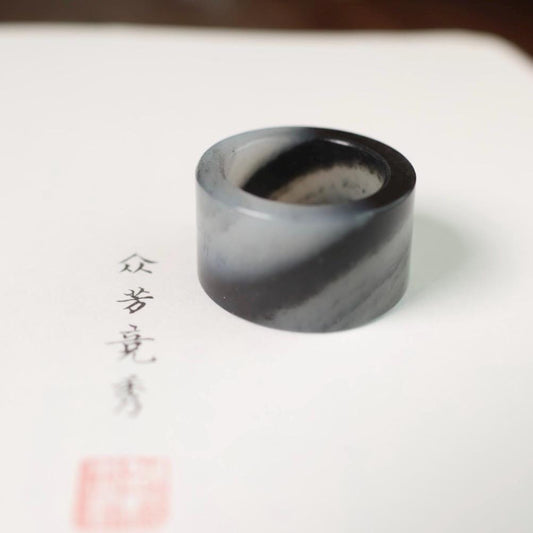 Qinghua water and ink pattern Nephrite jade ring size 6.5