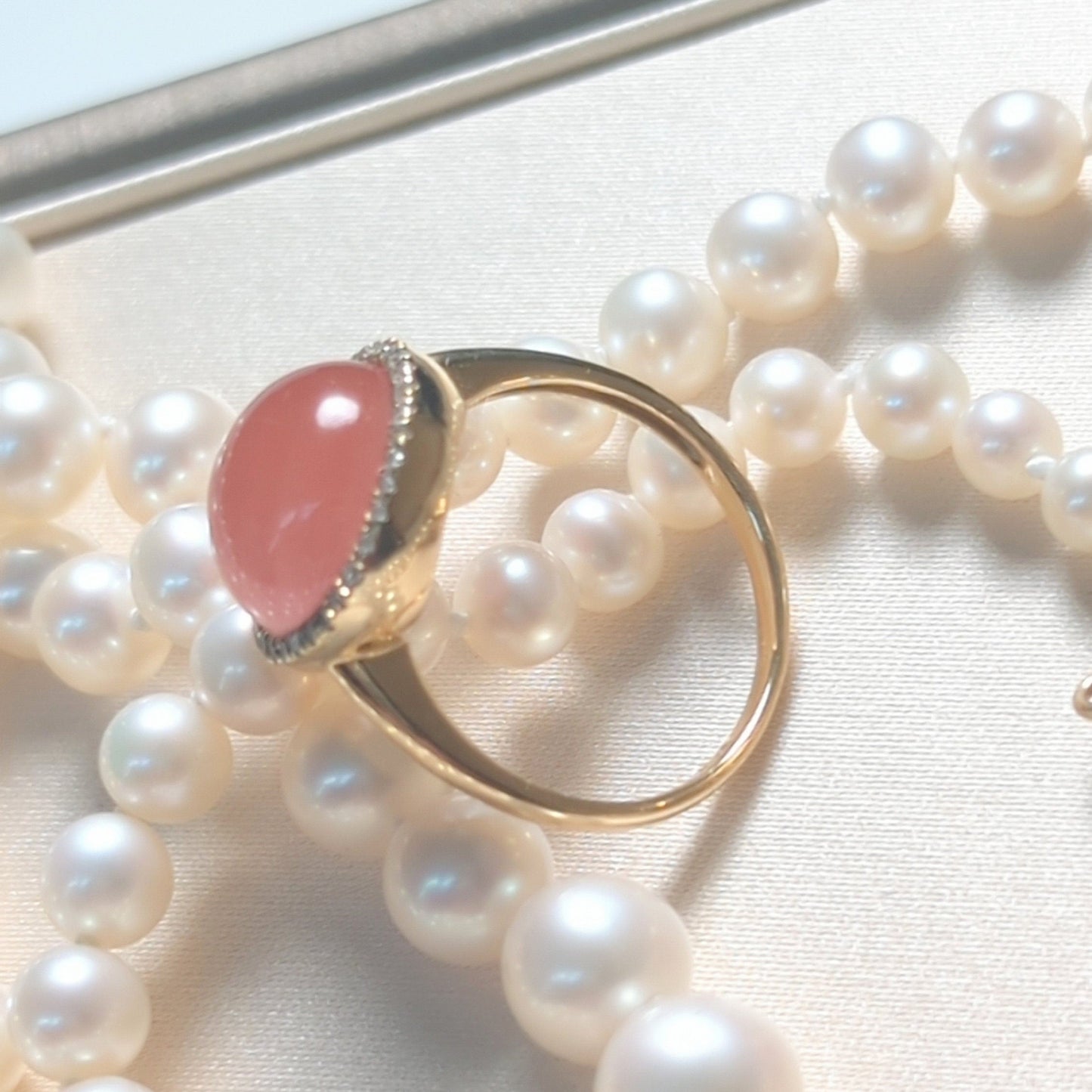 Icy Pink Nanhong Agate Ring: 18K Gold Diamond Halo