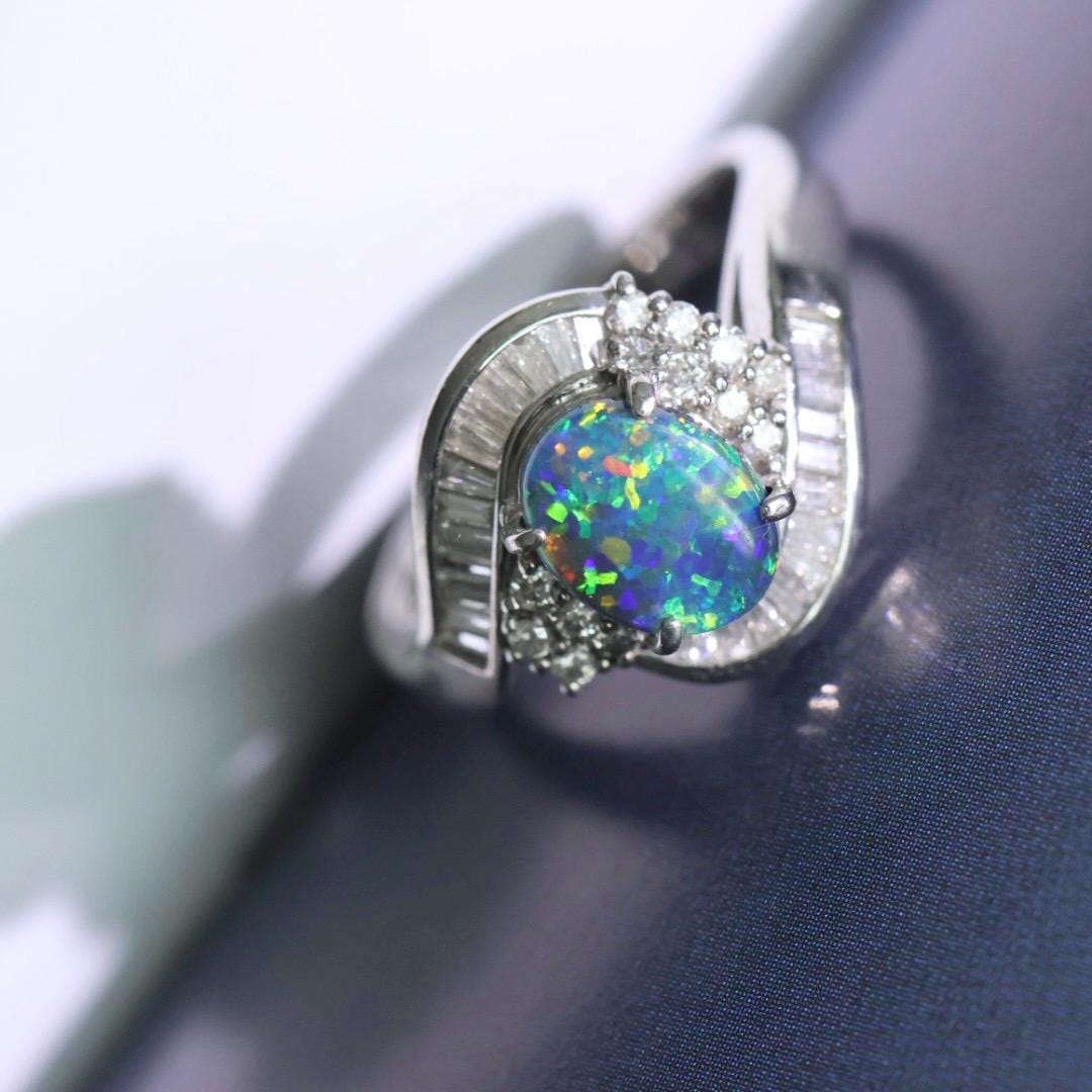 Vintage certified Australian black opal diamond ring US size 6.5