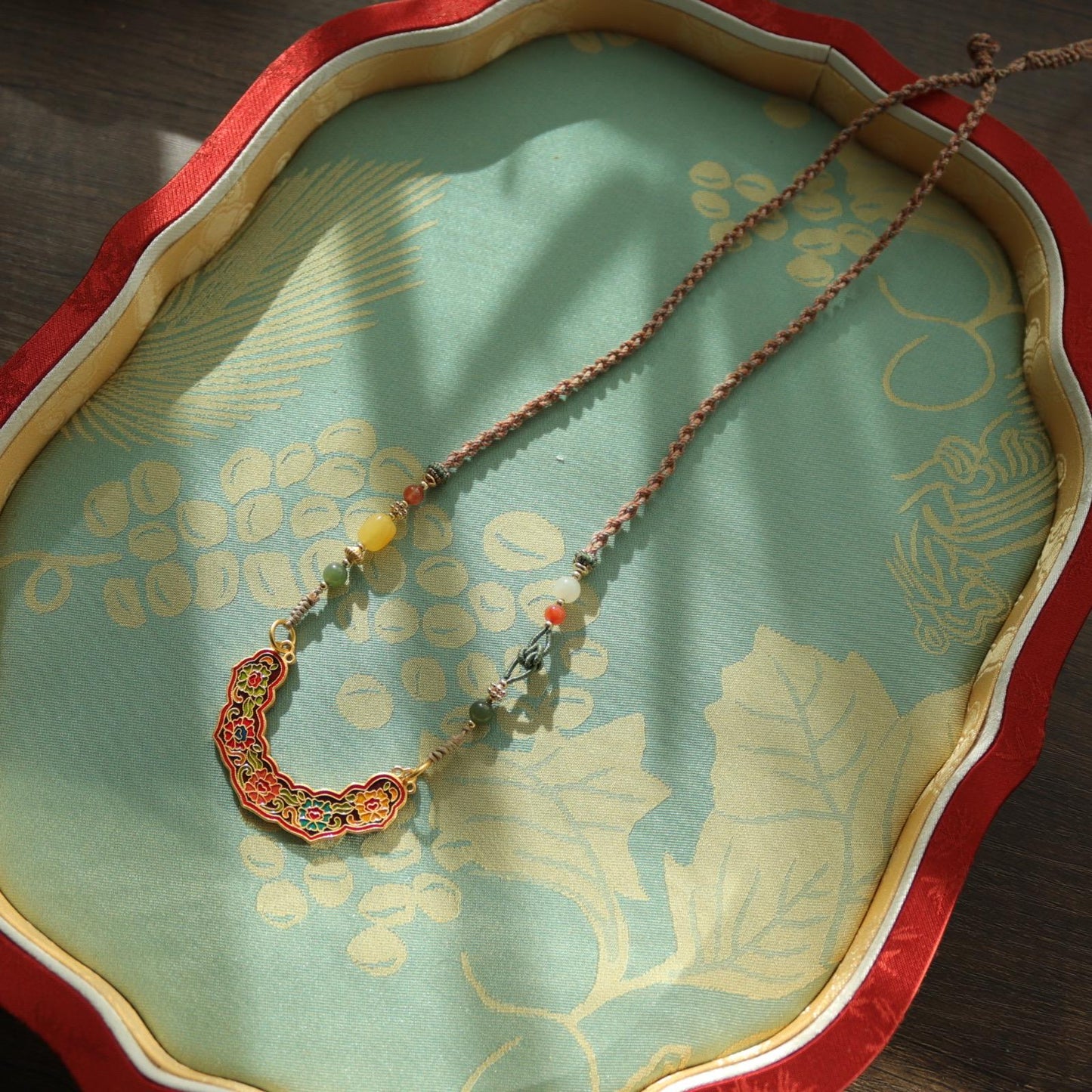 Traditional Chinese Gold Enamel Longevity Lock Pendant Necklace