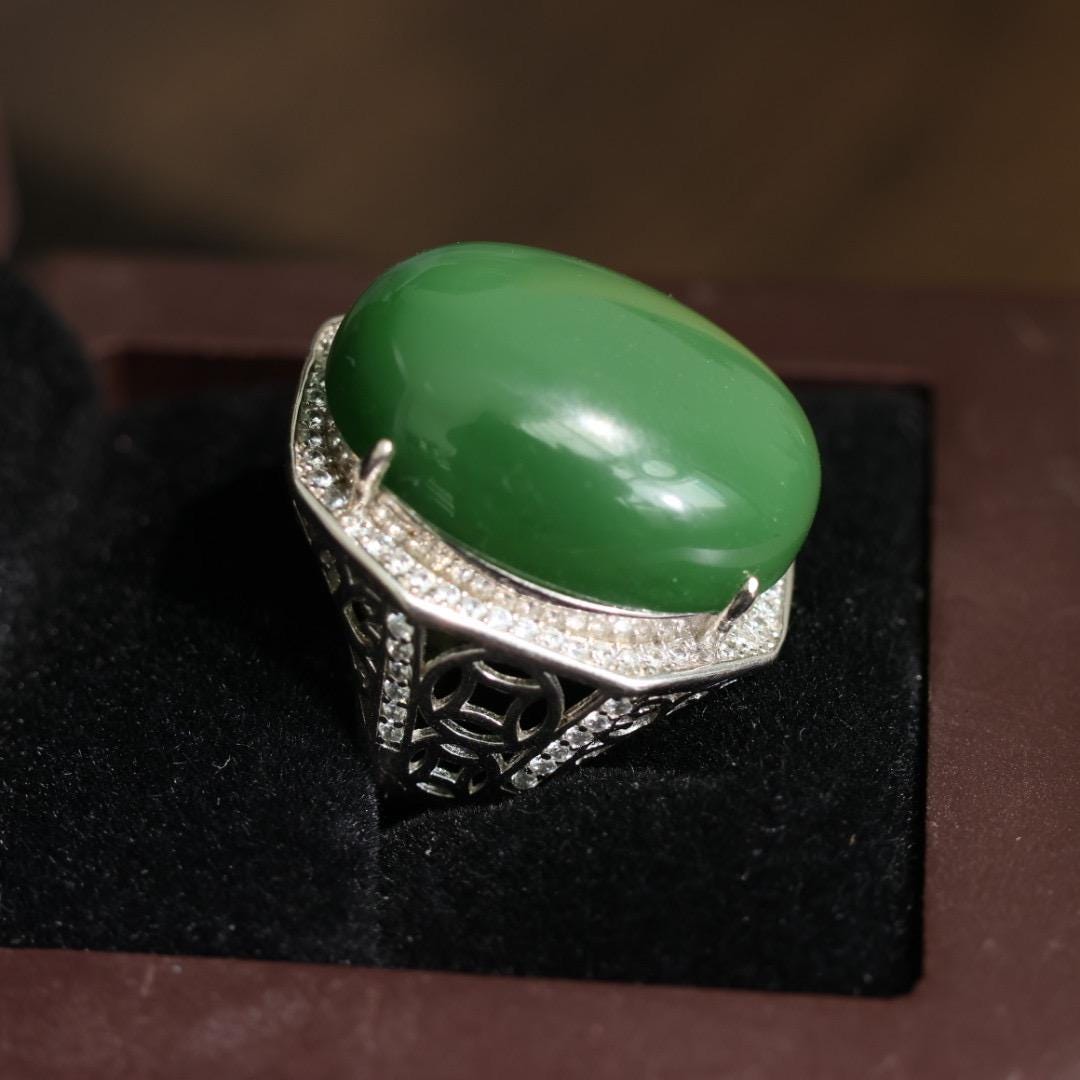 vintage genuine nephrite green jade ring adjustable s925 silver setting