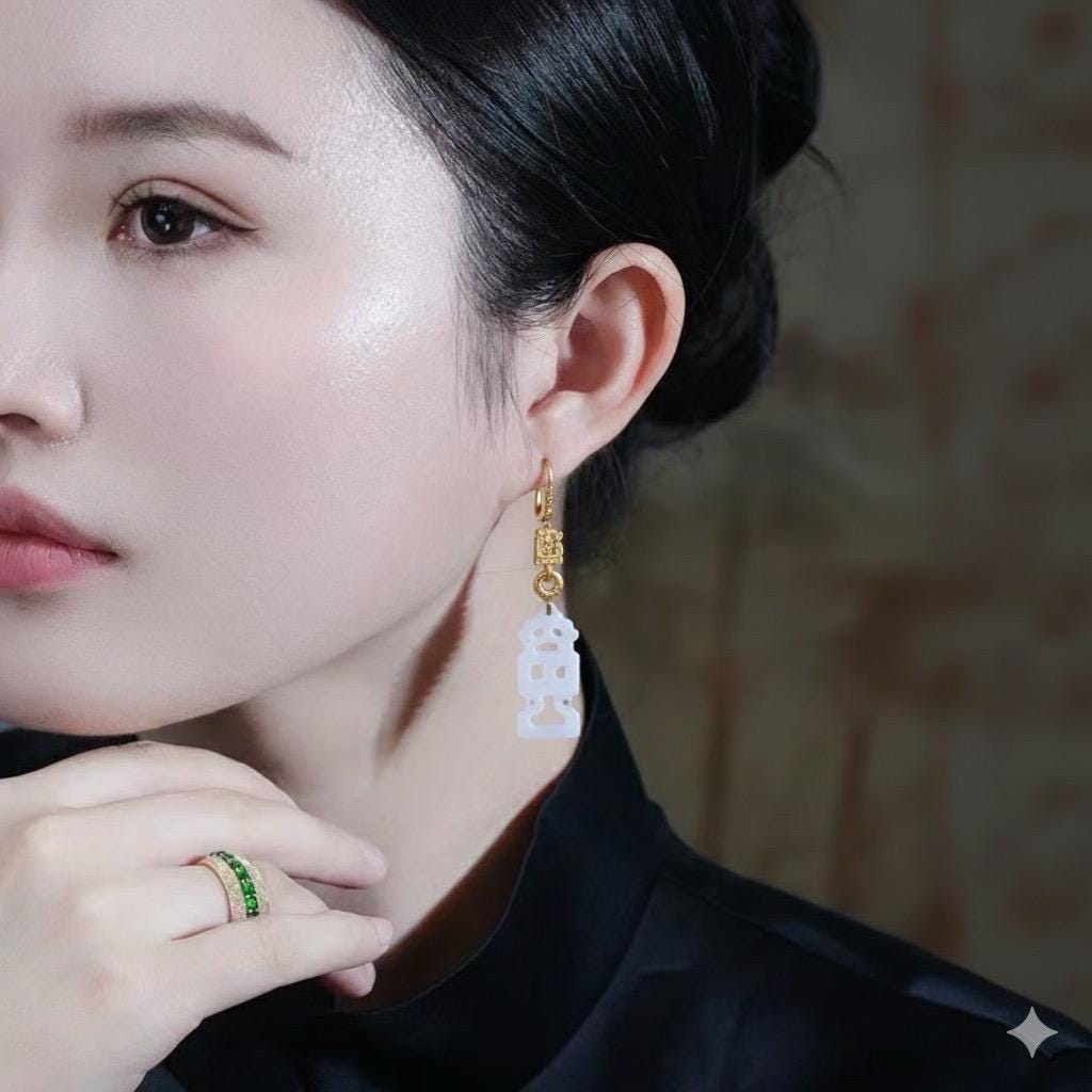 Certified Antique style white nephrite dragon and solid gold earrings 18k