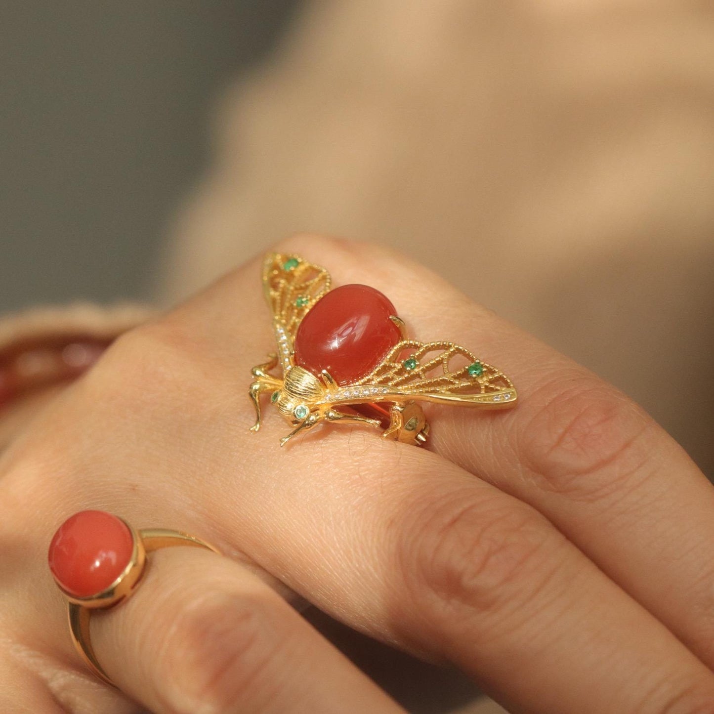 Baoshan icy red agate bee brooch