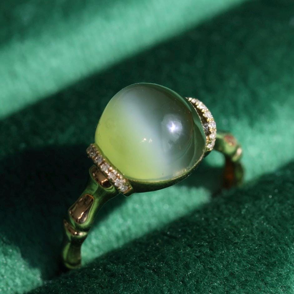 Certified Cat Eye Jade Ring: 18k Gold Bamboo Band, Diamond Accents, US Size 5.5