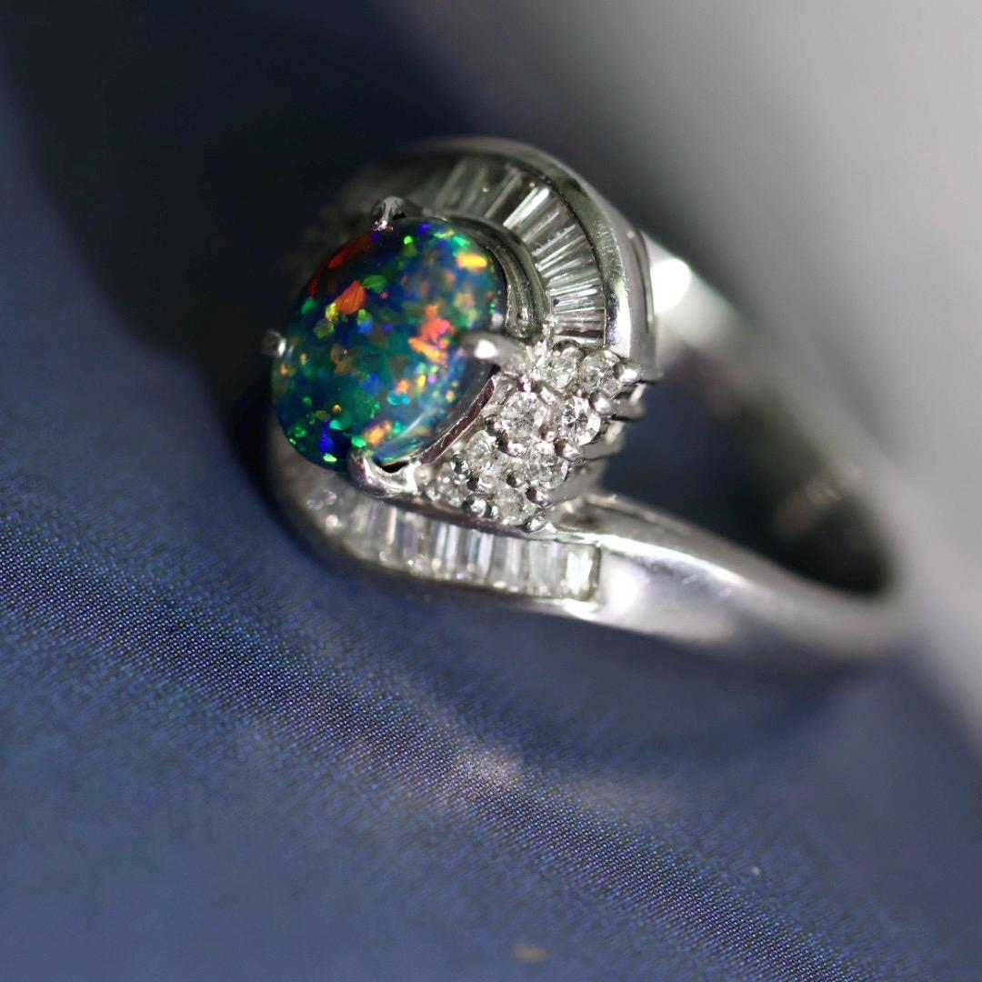 Vintage certified Australian black opal diamond ring US size 6.5