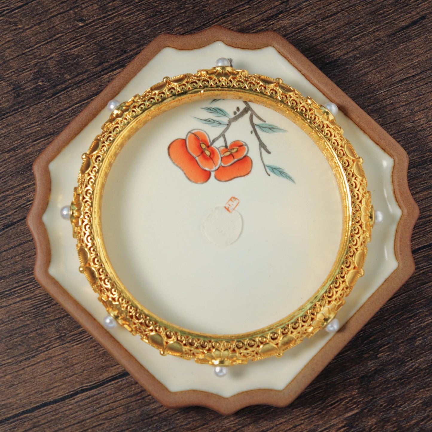 Chinese style pearl and 24k gold bangle with heart sutra inscription