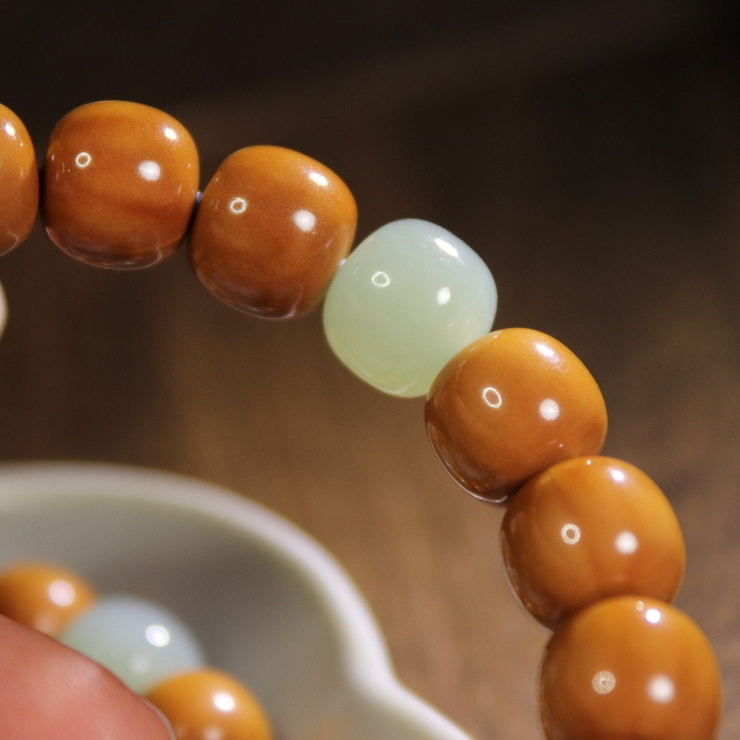 10mm Walnut bracelet with nephrite jade